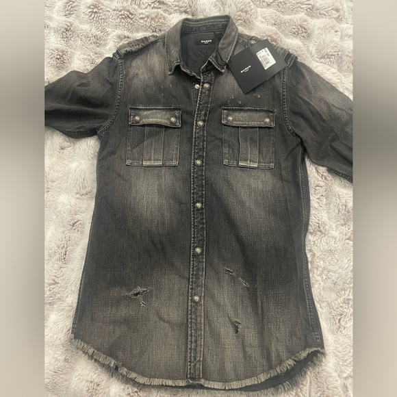 Balmain Grey Denim Embossed Logo Shirt Sz 38/M - Picture 3 of 11
